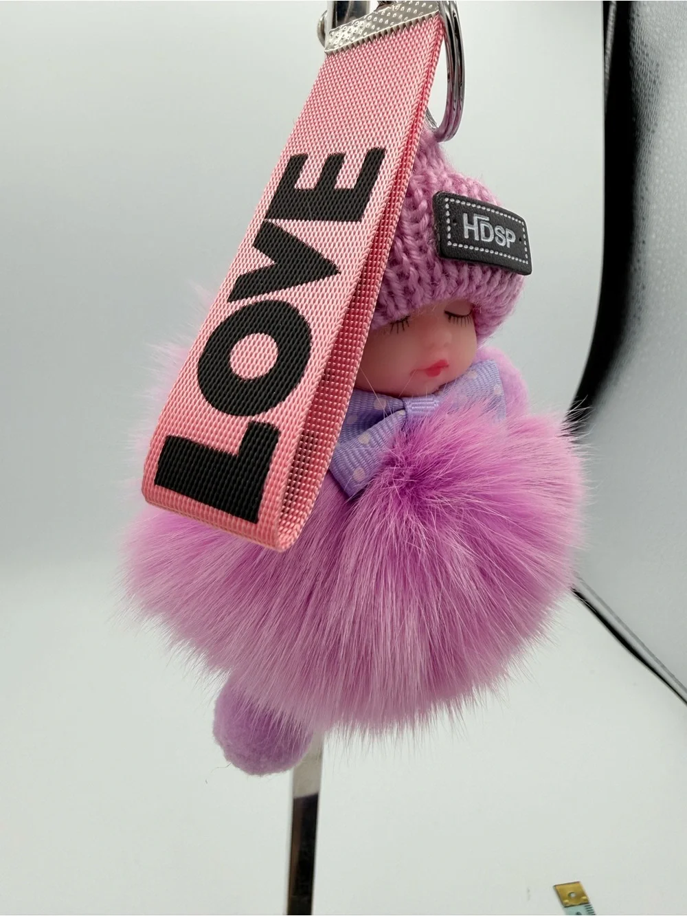 HDSP Sleeping Baby Doll Pom Pom Keychain Bag Charm Purple Fluffy Cute Gift